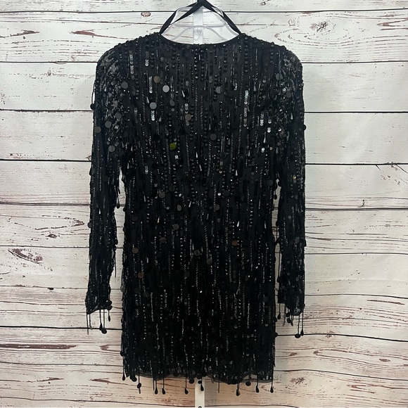 Mac Duggal Black Long Sleeve V Neck Beaded Sequins Mini Dress Size 4 - Picture 12 of 16